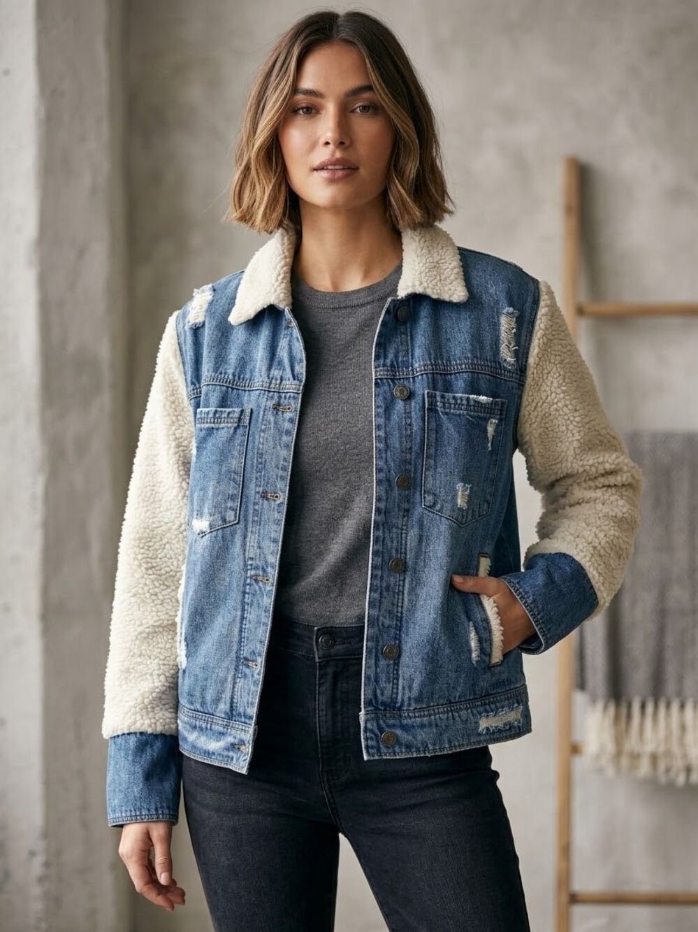 Blank nyc Distressed Denim & Sherpa Sleeve Jacket Mixed-Media Trucker Jacket (Me